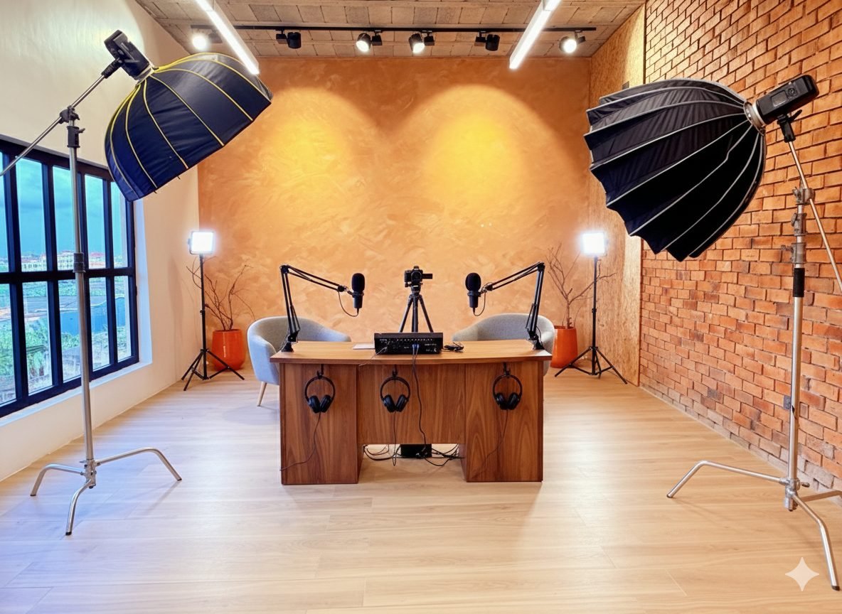 McB Studio 04 podcast desk with exposed brick wall and professional lighting